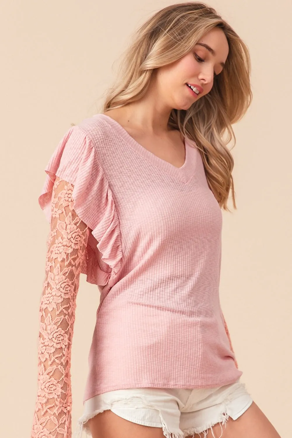 BiBi Ruffled Lace Sleeve Rib Knit Top sold by Charming Charlie product image thumbnail 3