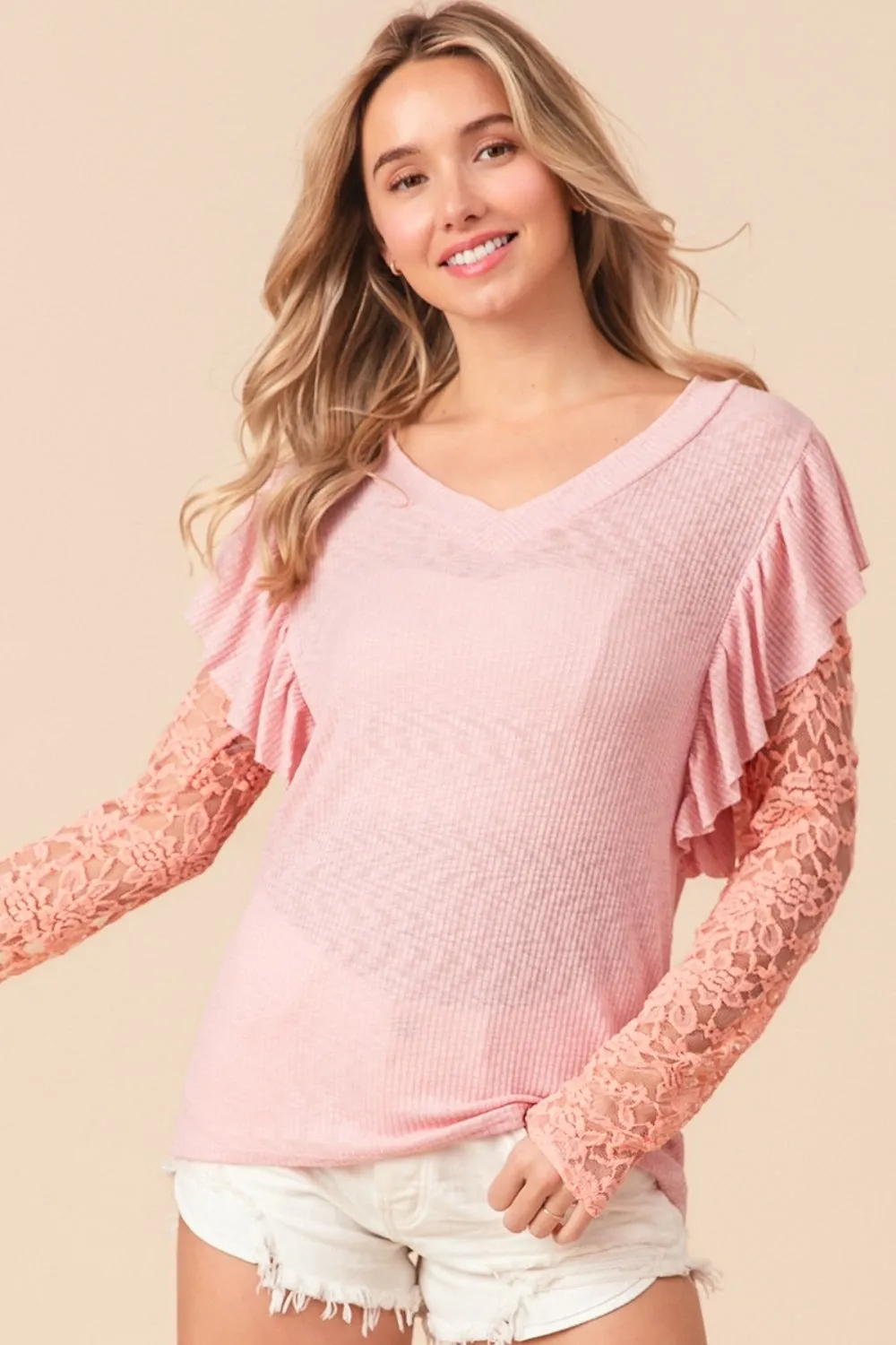 BiBi Ruffled Lace Sleeve Rib Knit Top sold by Charming Charlie product image thumbnail 4