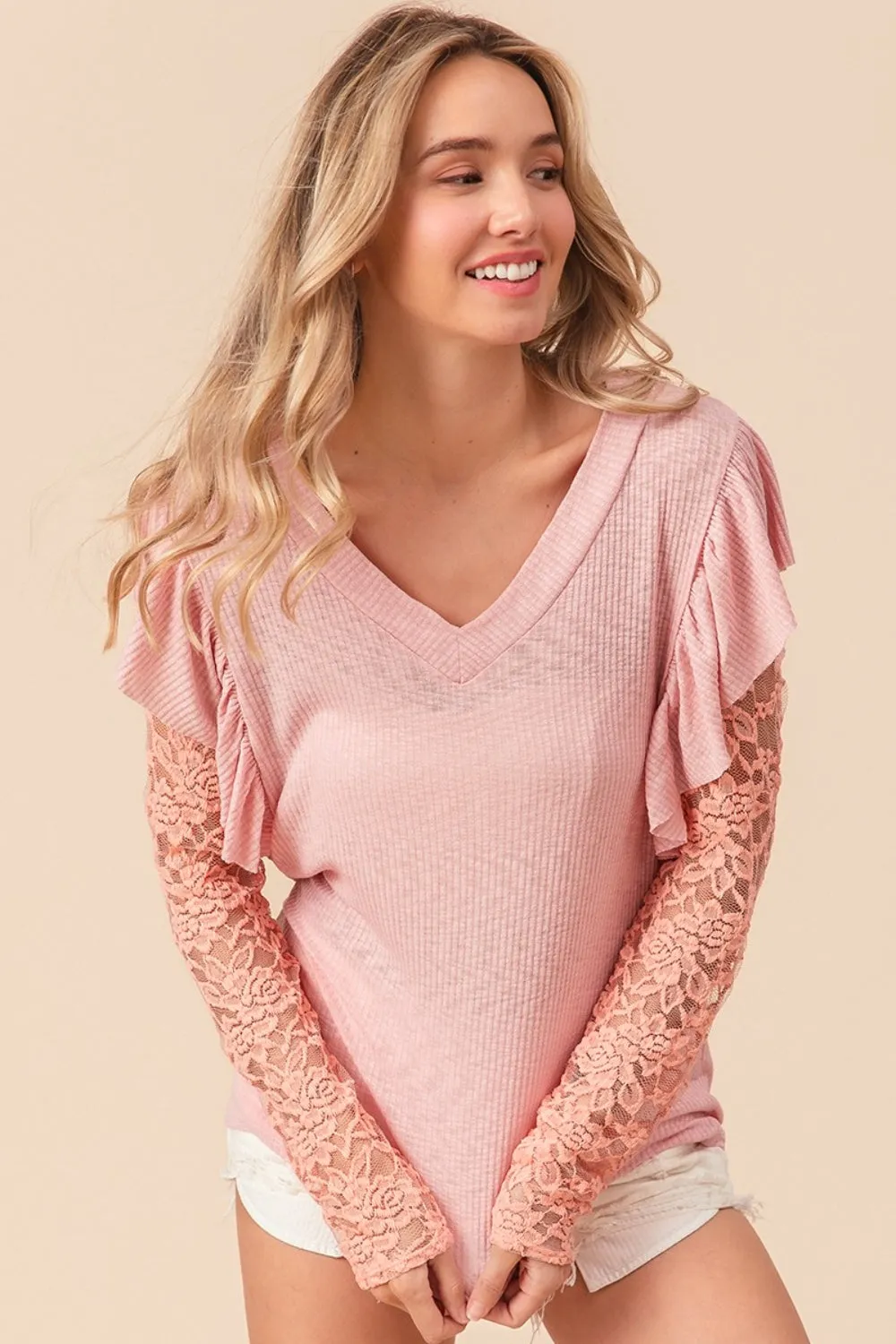 BiBi Ruffled Lace Sleeve Rib Knit Top sold by Charming Charlie