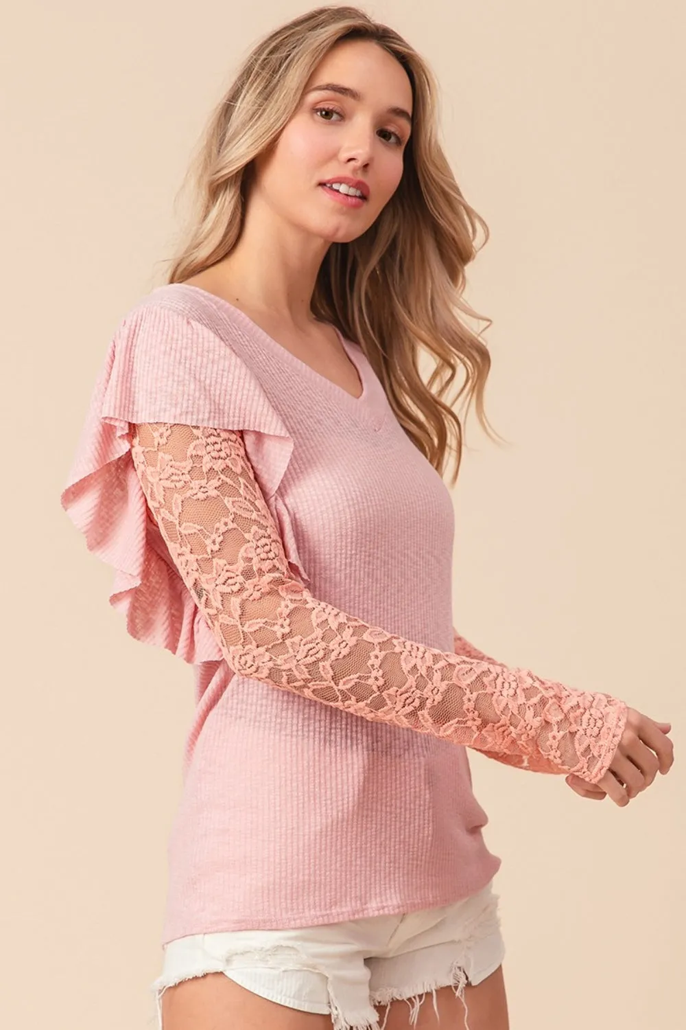 BiBi Ruffled Lace Sleeve Rib Knit Top sold by Charming Charlie product image thumbnail 2
