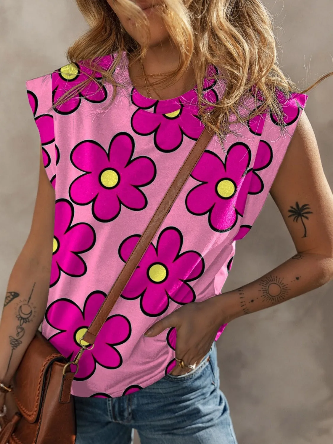 Flower Printed Round Neck Cap Sleeve Blouse sold by Charming Charlie product image thumbnail 3
