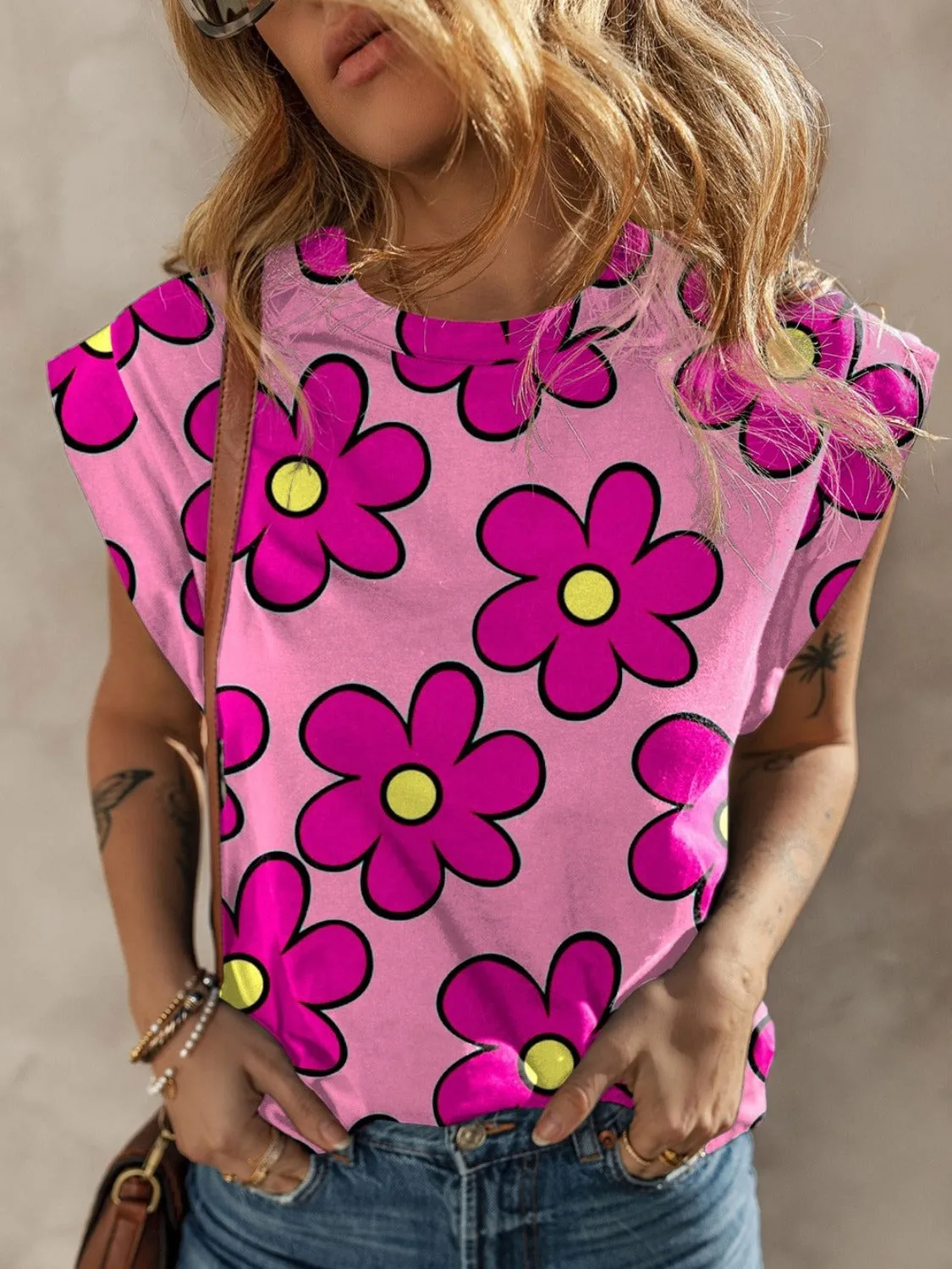Flower Printed Round Neck Cap Sleeve Blouse sold by Charming Charlie