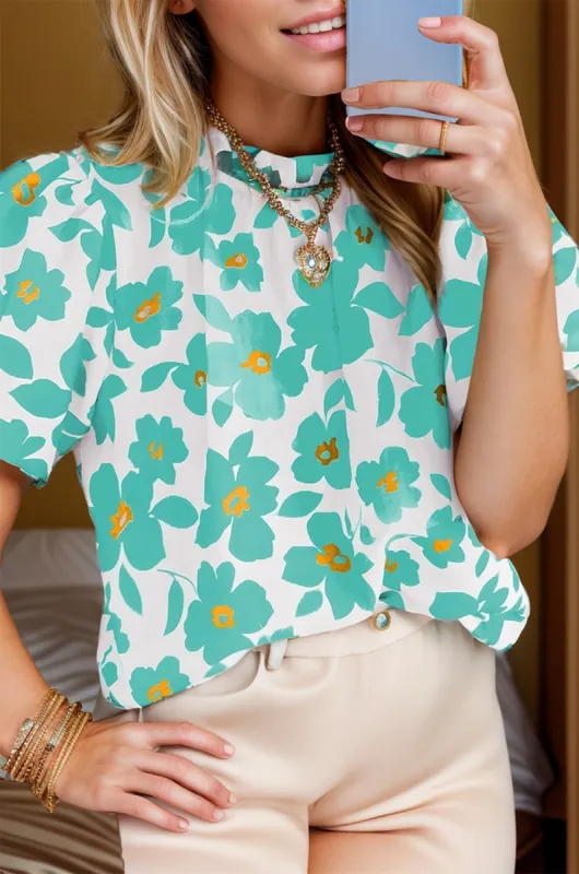 Printed Mock Neck Puff Sleeve Blouse sold by Charming Charlie
