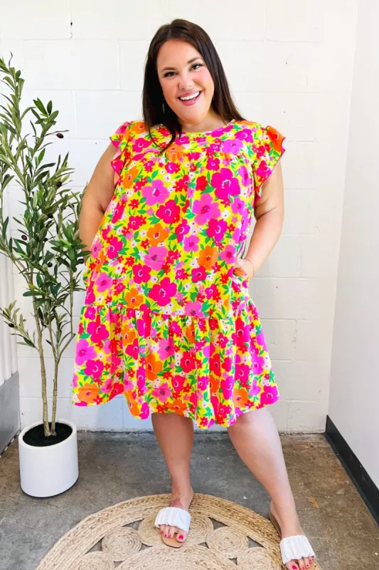 Be Charming Lime & Pink Floral Print Tiered Ruffle Sleeve Dress sold by Charming Charlie