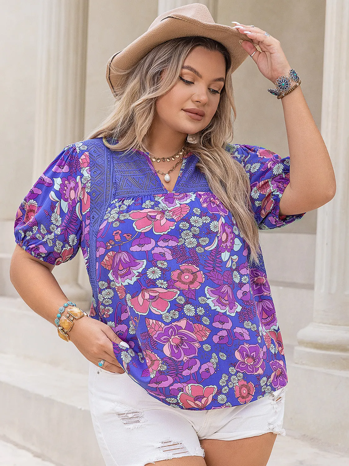 Plus Size Printed Notched Short Sleeve Blouse sold by Charming Charlie product image thumbnail 3