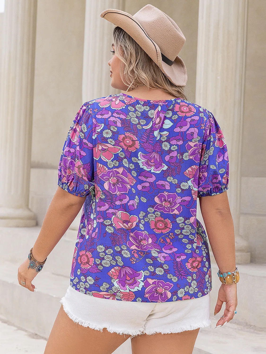 Plus Size Printed Notched Short Sleeve Blouse sold by Charming Charlie product image thumbnail 4