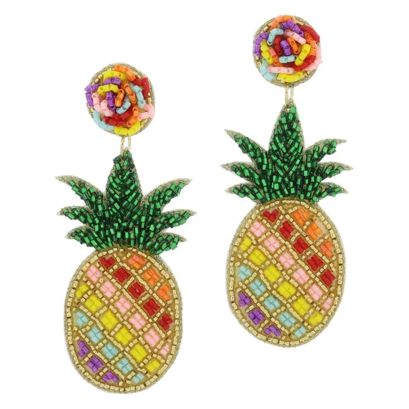 Multi Wavy Beaded Post and Green, Gold, Multi Beaded Pineapple Earrings, 3" Top to Bottom sold by Charming Charlie