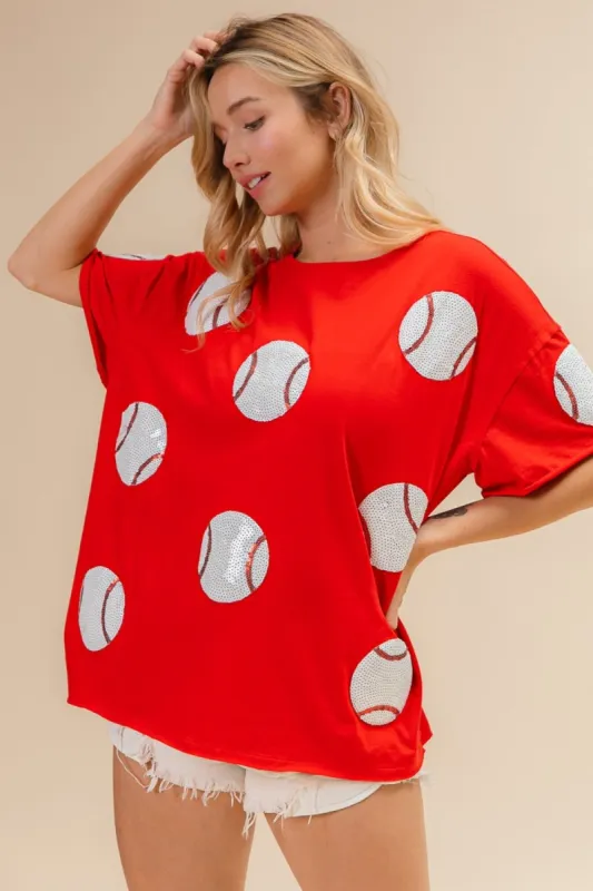 BiBi Sequin Baseball Drop Shoulder Short Sleeve T-Shirt sold by Charming Charlie