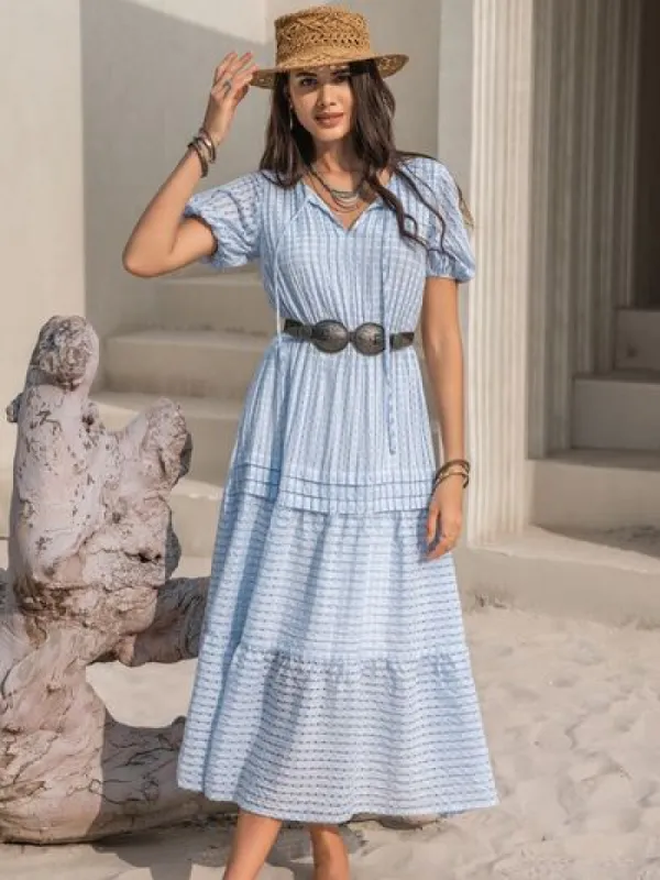Tie Neck Balloon Sleeve Tiered Dress sold by Charming Charlie