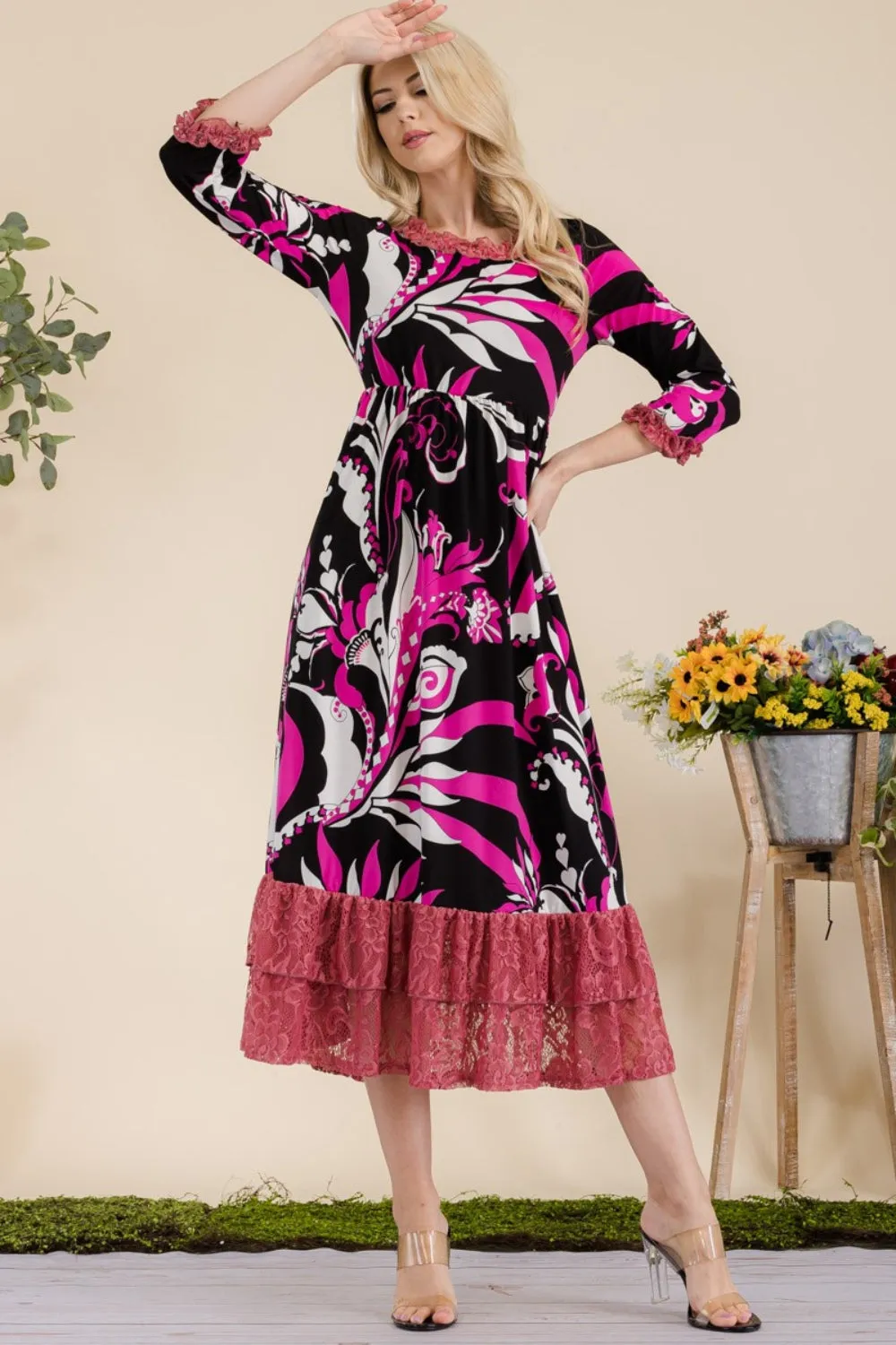 Celeste Full Size Paisley Print Lace Ruffled Midi Dress sold by Charming Charlie product image thumbnail 4