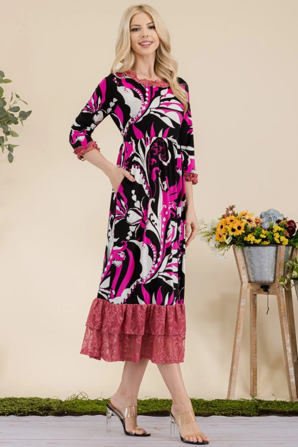 Celeste Full Size Paisley Print Lace Ruffled Midi Dress sold by Charming Charlie product image thumbnail 3