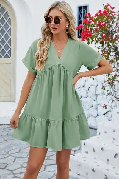 Ruched Tiered V-Neck Short Sleeve Mini Dress sold by Charming Charlie product image thumbnail 3