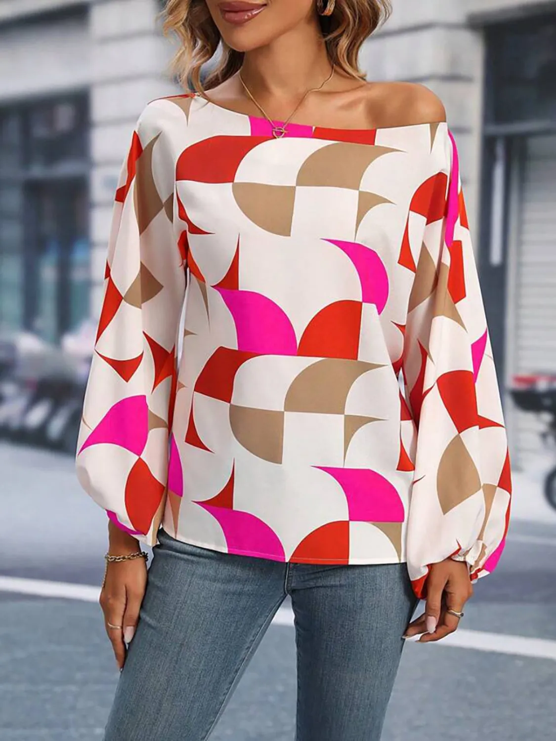 Printed One Shoulder Balloon Sleeve Blouse sold by Charming Charlie product image thumbnail 2