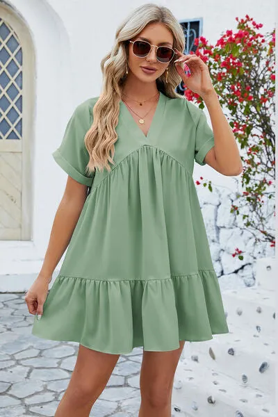 Ruched Tiered V-Neck Short Sleeve Mini Dress sold by Charming Charlie