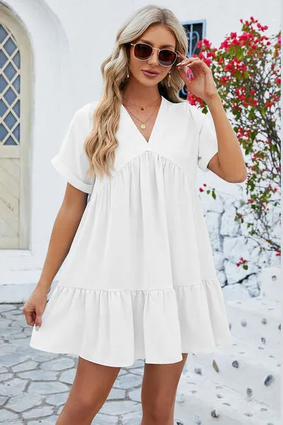 Ruched Tiered V-Neck Short Sleeve Mini Dress sold by Charming Charlie product image thumbnail 5