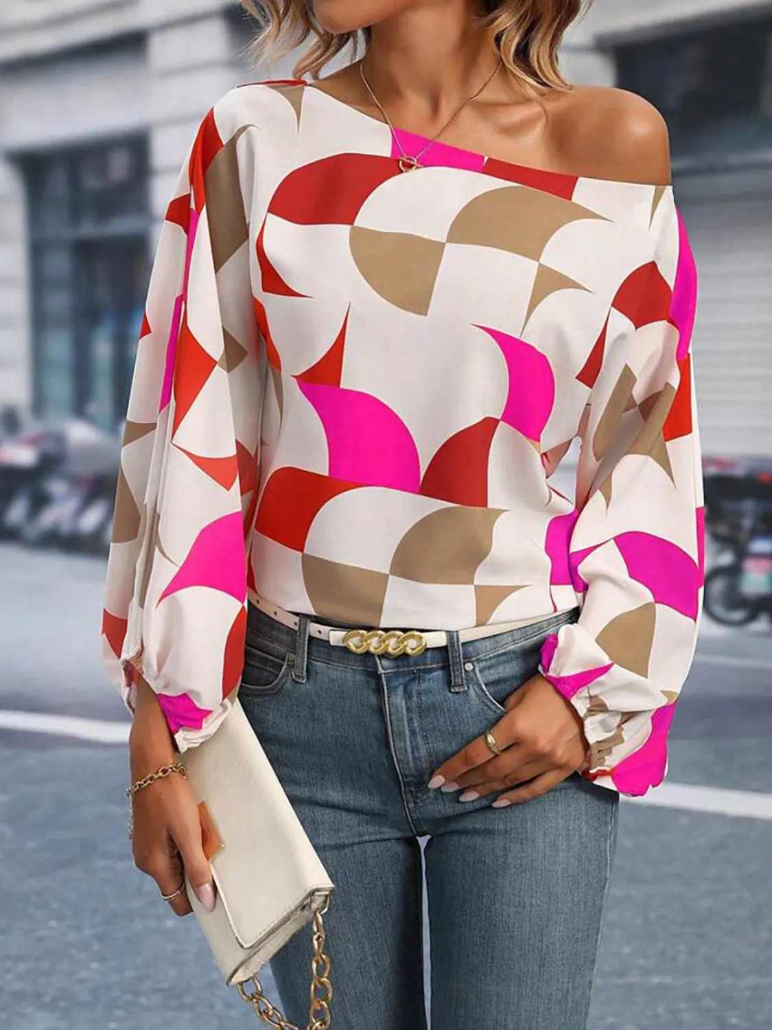 Printed One Shoulder Balloon Sleeve Blouse sold by Charming Charlie