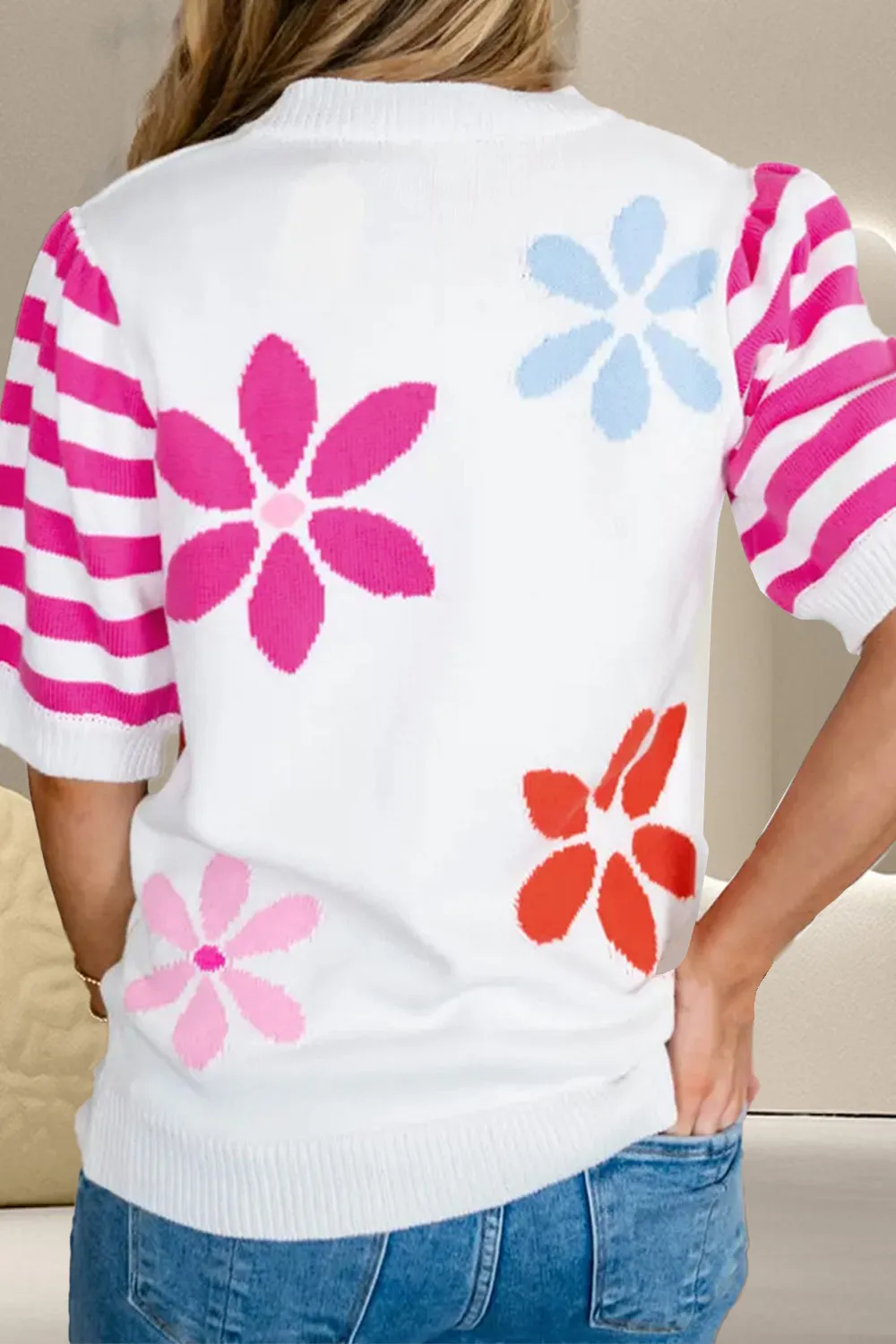 Flower Pattern Round Neck Half Sleeve Knit Top sold by Charming Charlie product image thumbnail 3