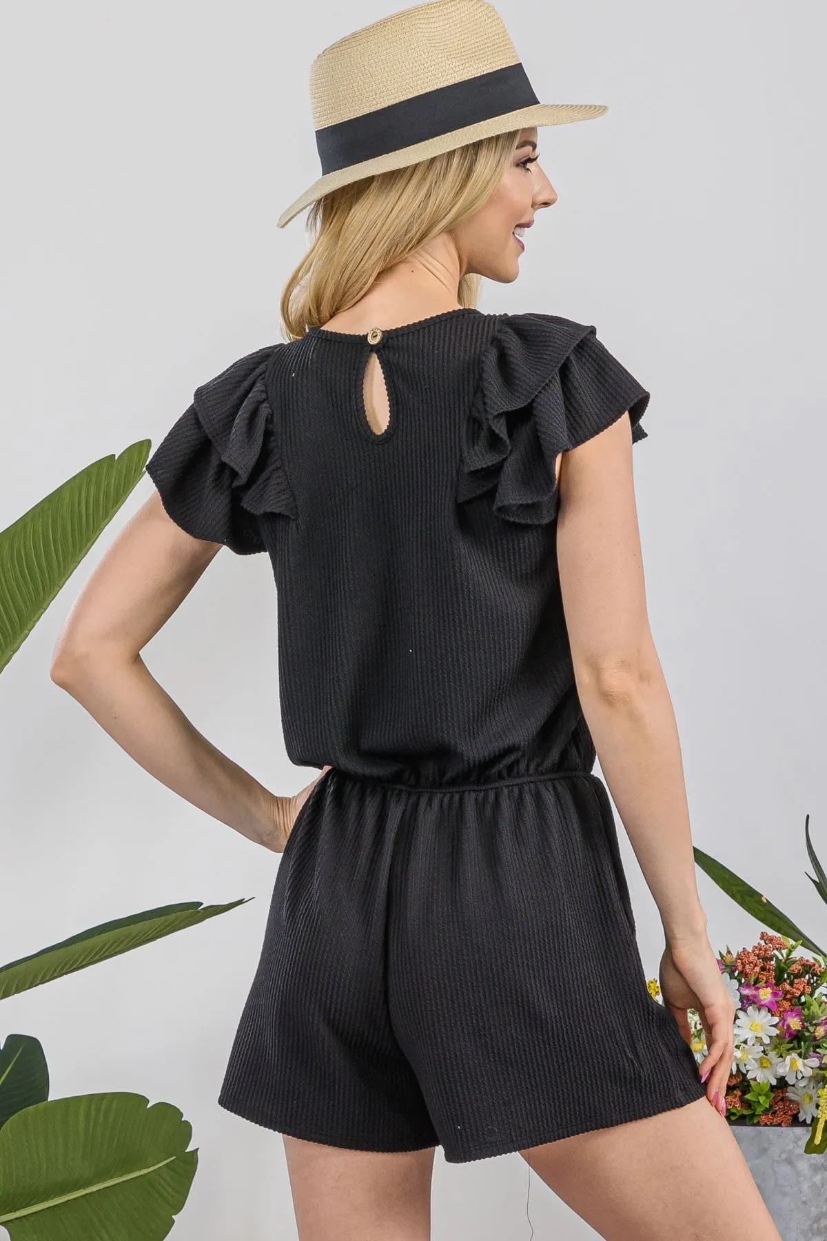 Celeste Full Size V-Neck Ruffled Ribbed Romper sold by Charming Charlie product image thumbnail 2