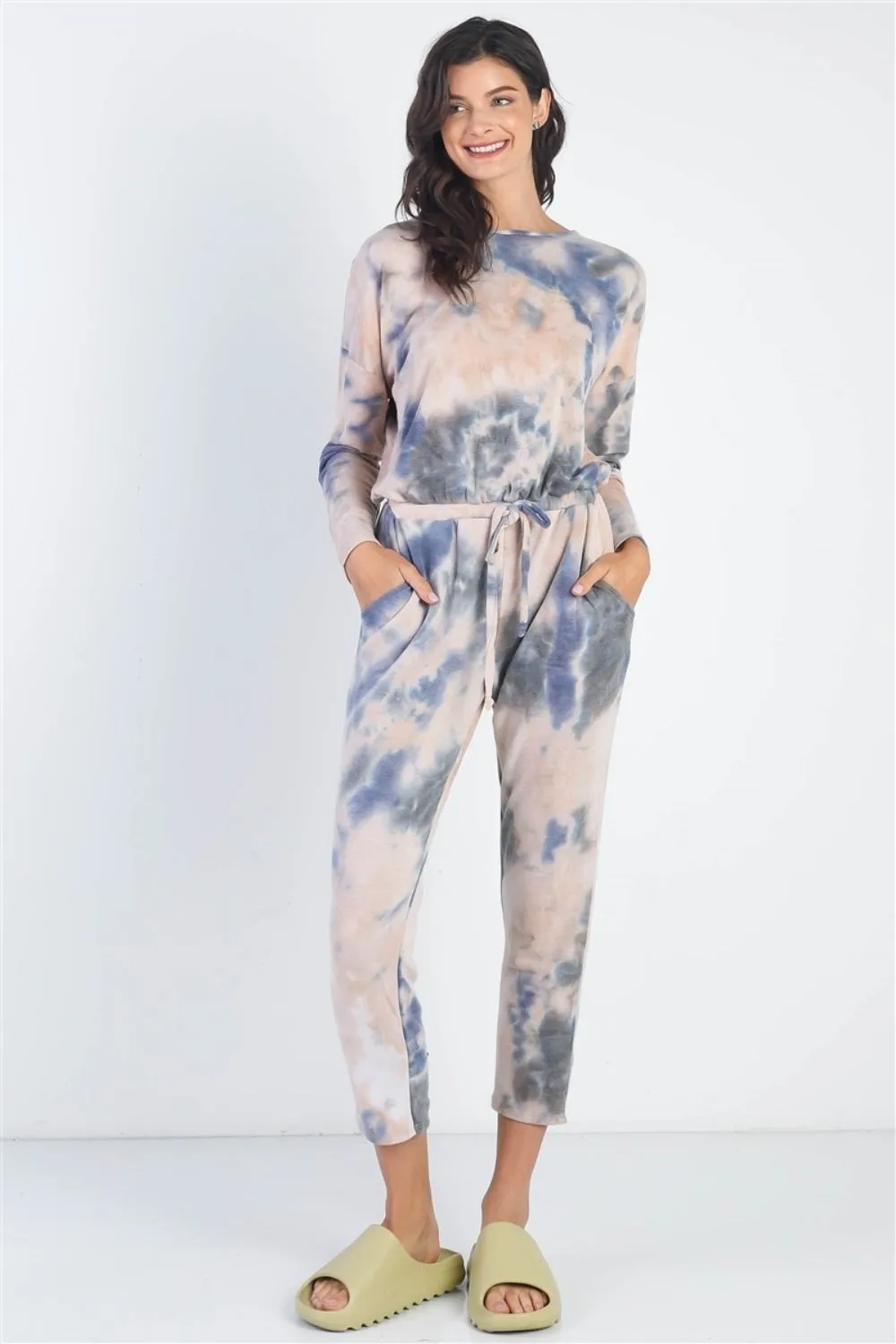 Cherish Apparel Tie-Dye Round Neck Long Sleeve Jumpsuit sold by Charming Charlie