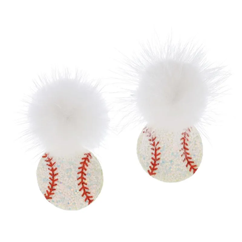 Fluffy White Pom Post with Iridescent Glitter Baseball Earrings, 2.25" Top to Bottom sold by Charming Charlie