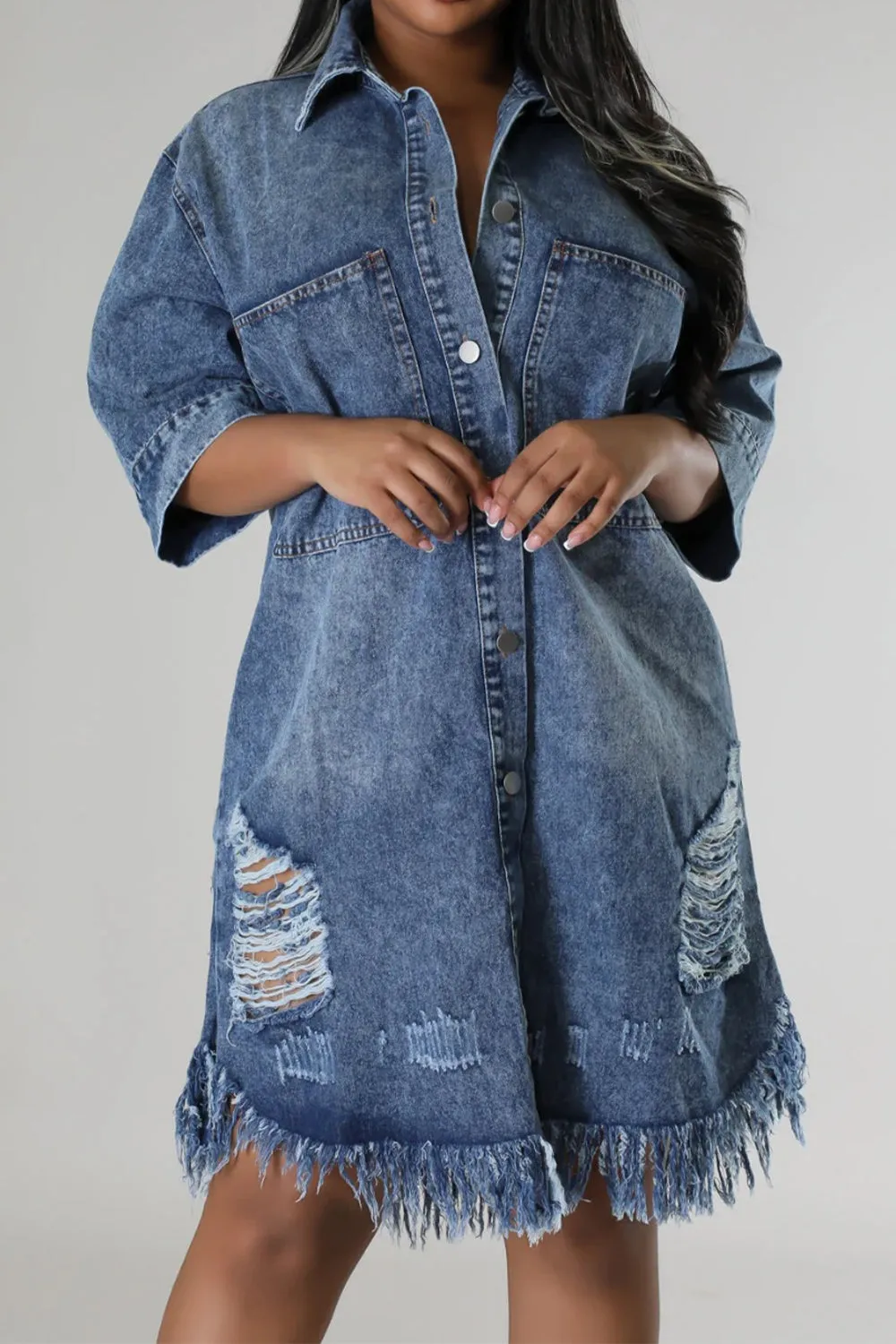 Distressed Raw Hem Button Up Denim Dress sold by Charming Charlie product image thumbnail 3