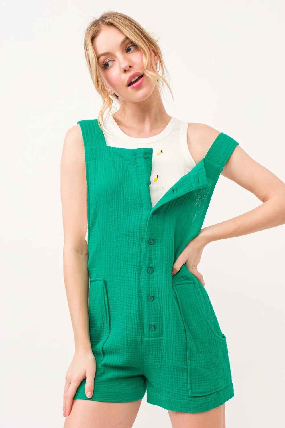 And The Why Button Up Tie Back Sleeveless Romper sold by Charming Charlie product image thumbnail 2