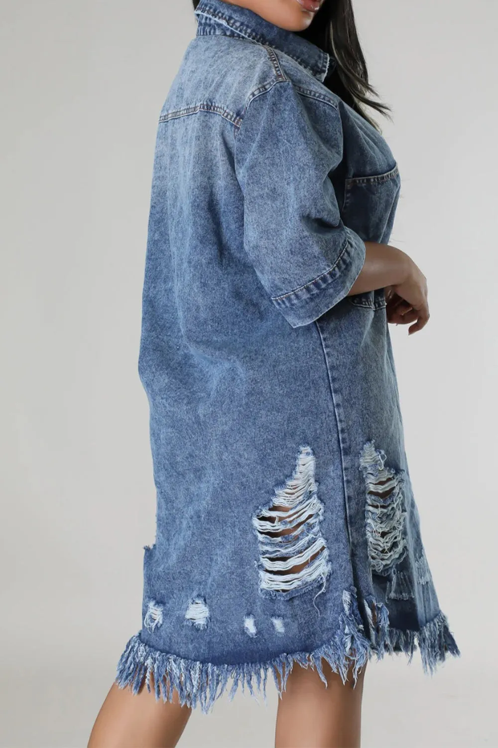 Distressed Raw Hem Button Up Denim Dress sold by Charming Charlie product image thumbnail 4