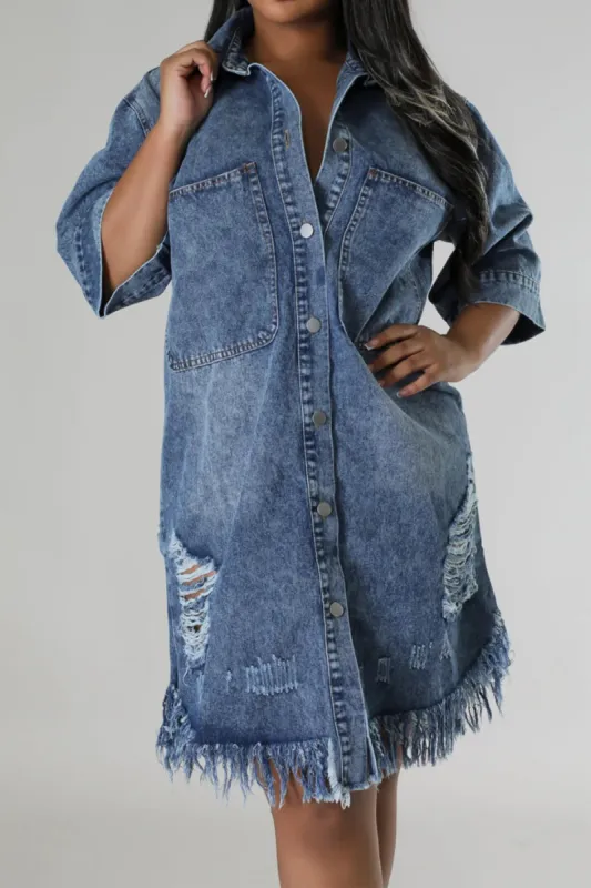 Distressed Raw Hem Button Up Denim Dress sold by Charming Charlie