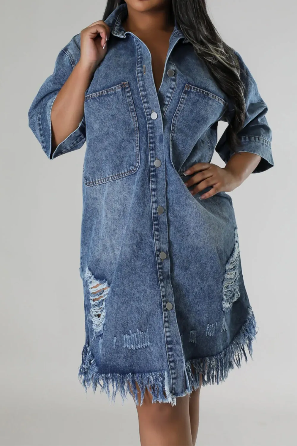 Distressed Raw Hem Button Up Denim Dress sold by Charming Charlie