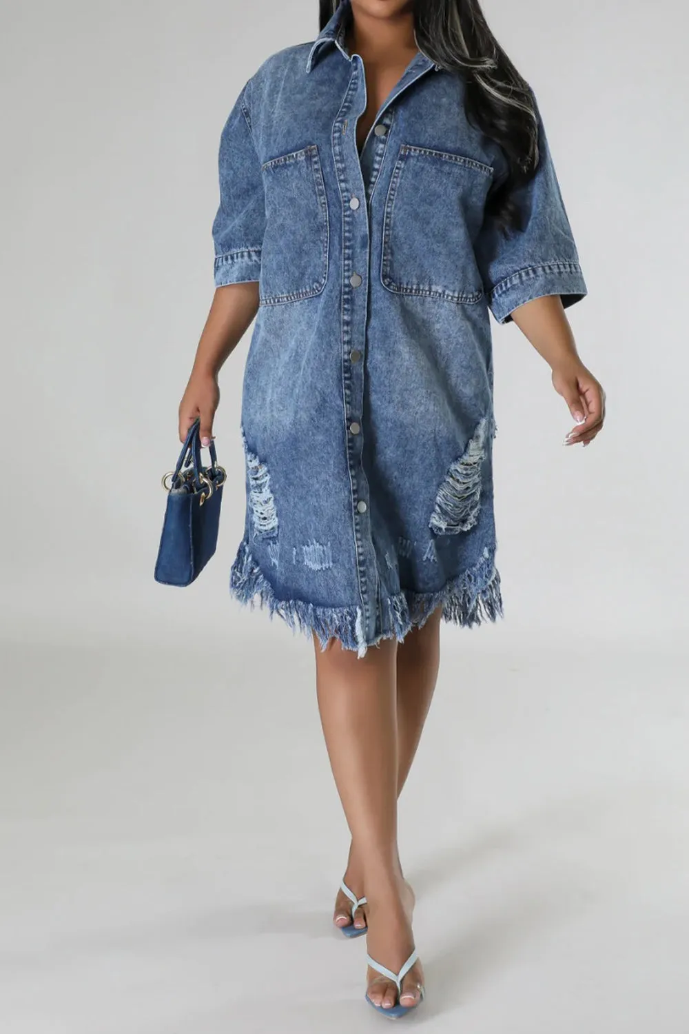 Distressed Raw Hem Button Up Denim Dress sold by Charming Charlie product image thumbnail 5
