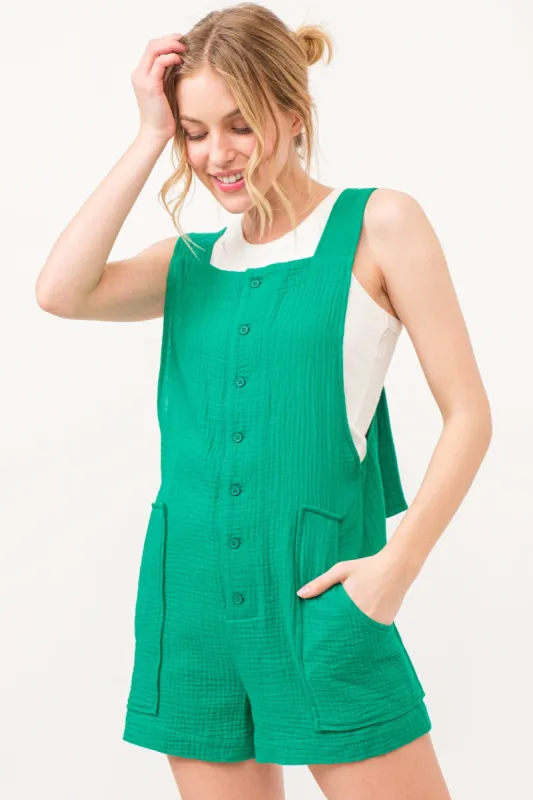 And The Why Button Up Tie Back Sleeveless Romper sold by Charming Charlie