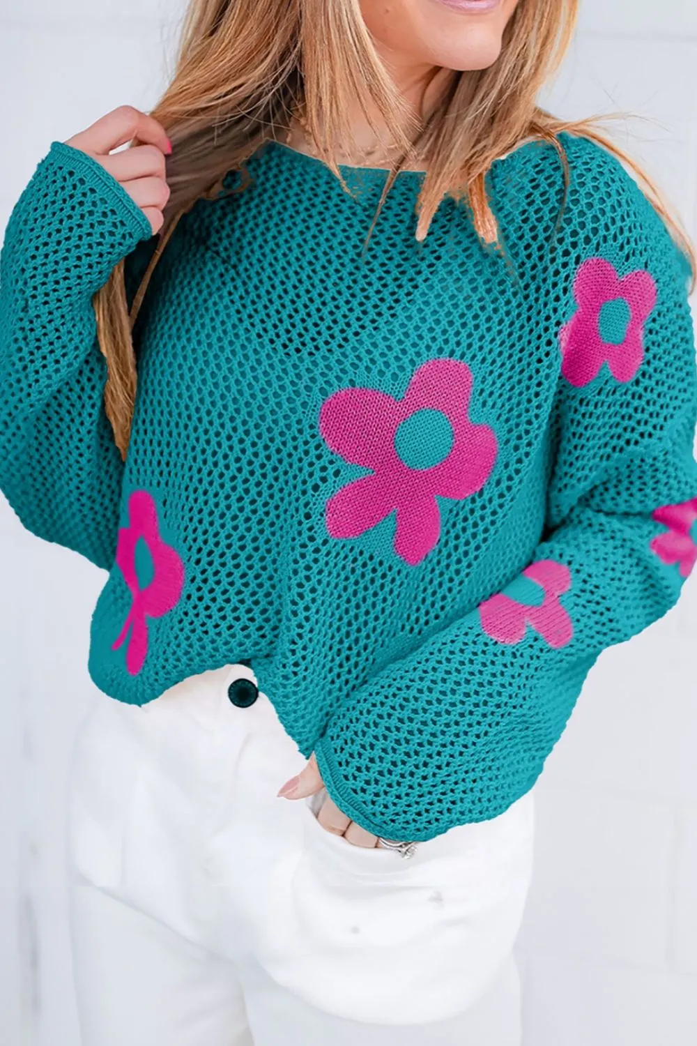 Flower Boat Neck Long Sleeve Knit Cover Up sold by Charming Charlie product image thumbnail 4
