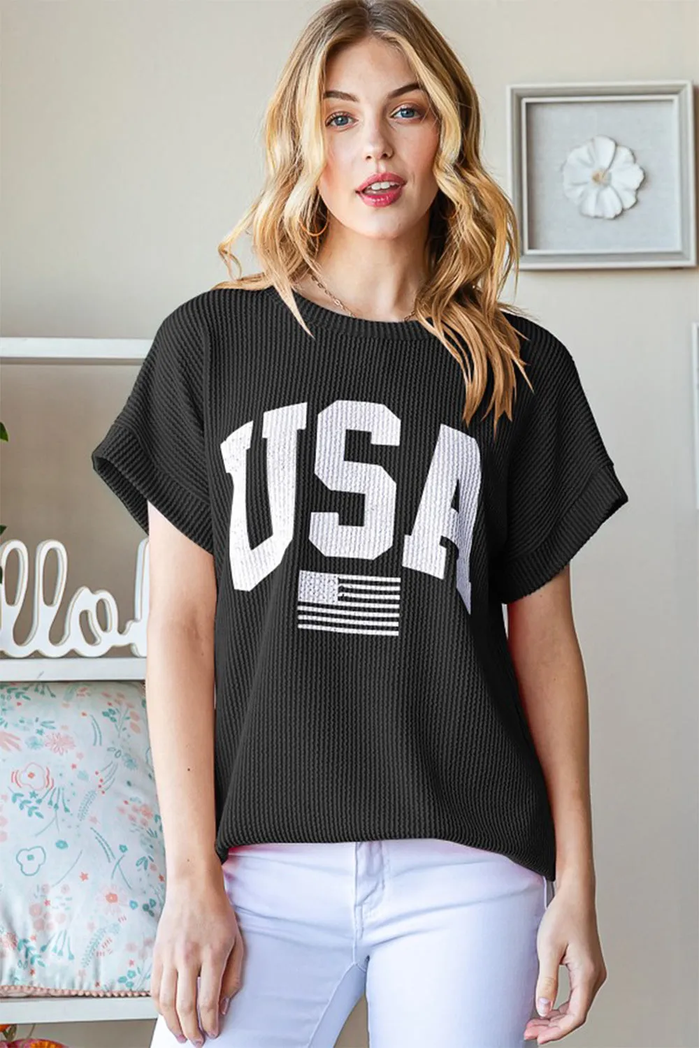 Heimish Full Size USA Graphic Short Sleeve Ribbed Top sold by Charming Charlie