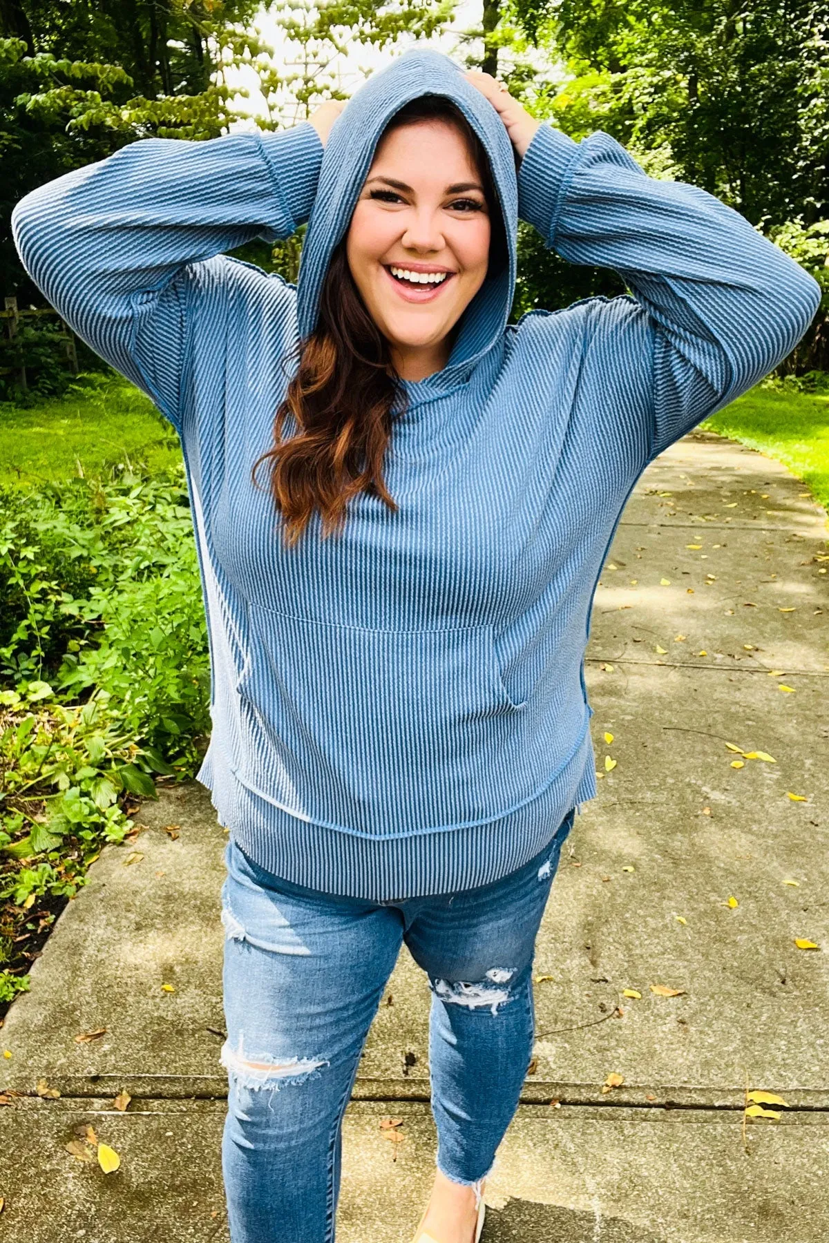 Cozy Days Vintage Denim Mineral Wash Rib Knit Hoodie sold by Charming Charlie product image thumbnail 4