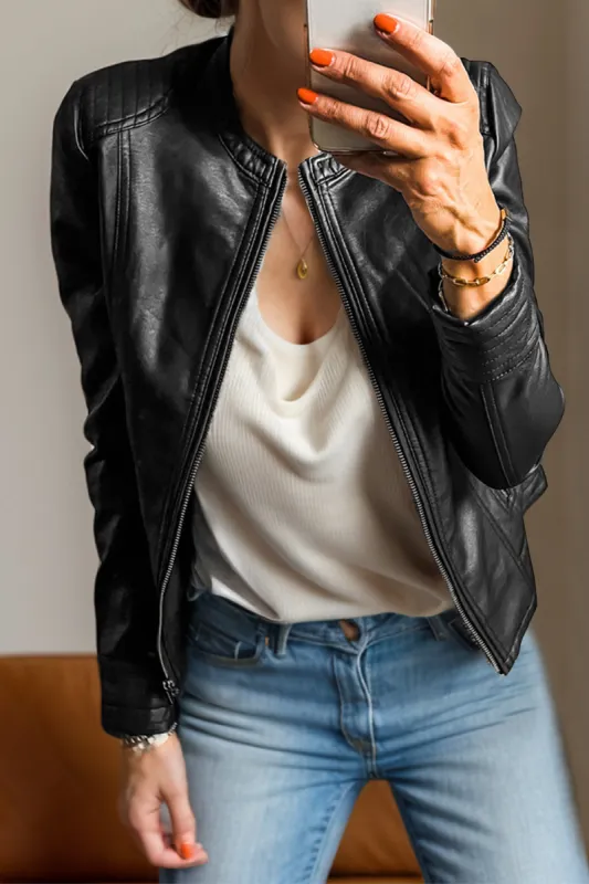 PU Leather Round Neck Long Sleeve Jacket sold by Charming Charlie