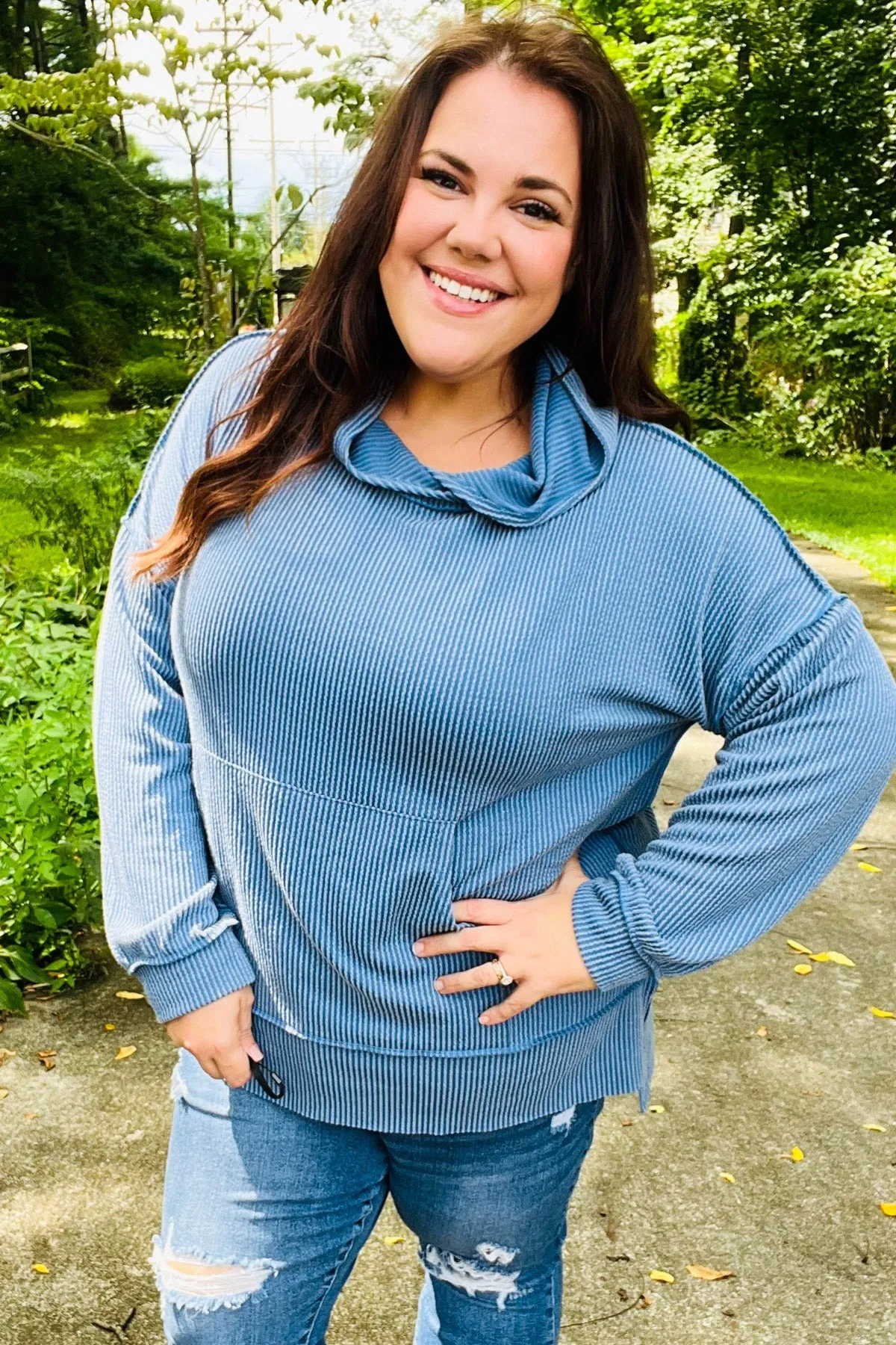 Cozy Days Vintage Denim Mineral Wash Rib Knit Hoodie sold by Charming Charlie product image thumbnail 2