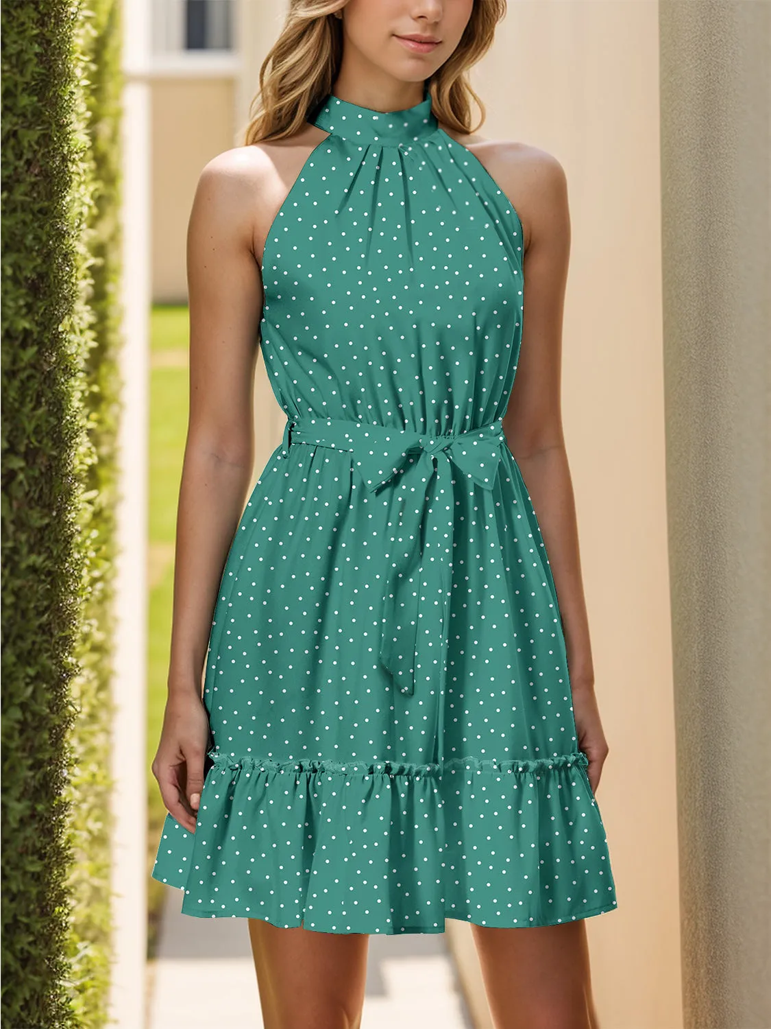 Frill Grecian Neck Tie Waist Mini Dress sold by Charming Charlie product image thumbnail 2