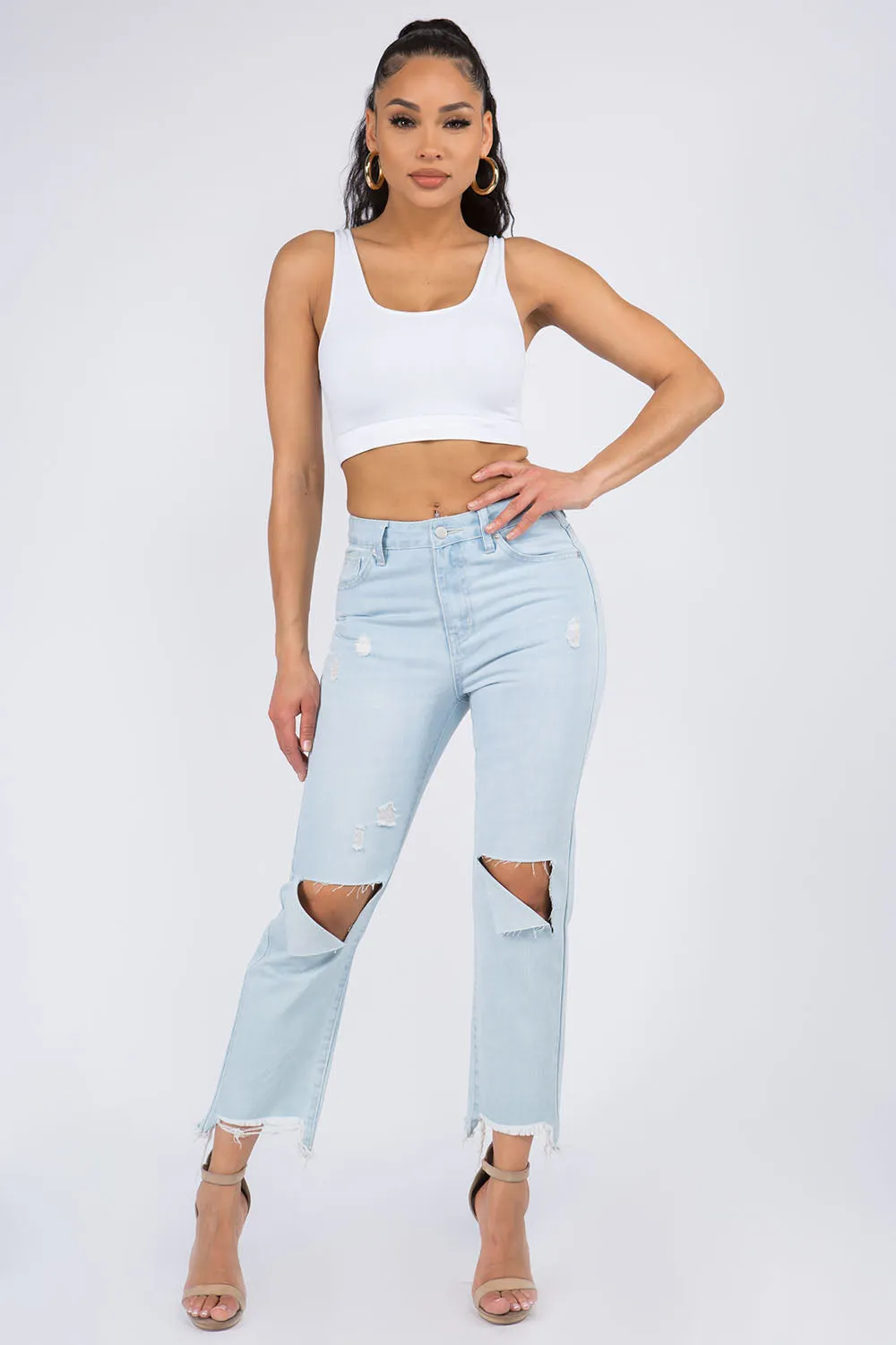 American Bazi High Waist Distressed Raw Hem Jeans sold by Charming Charlie product image thumbnail 4
