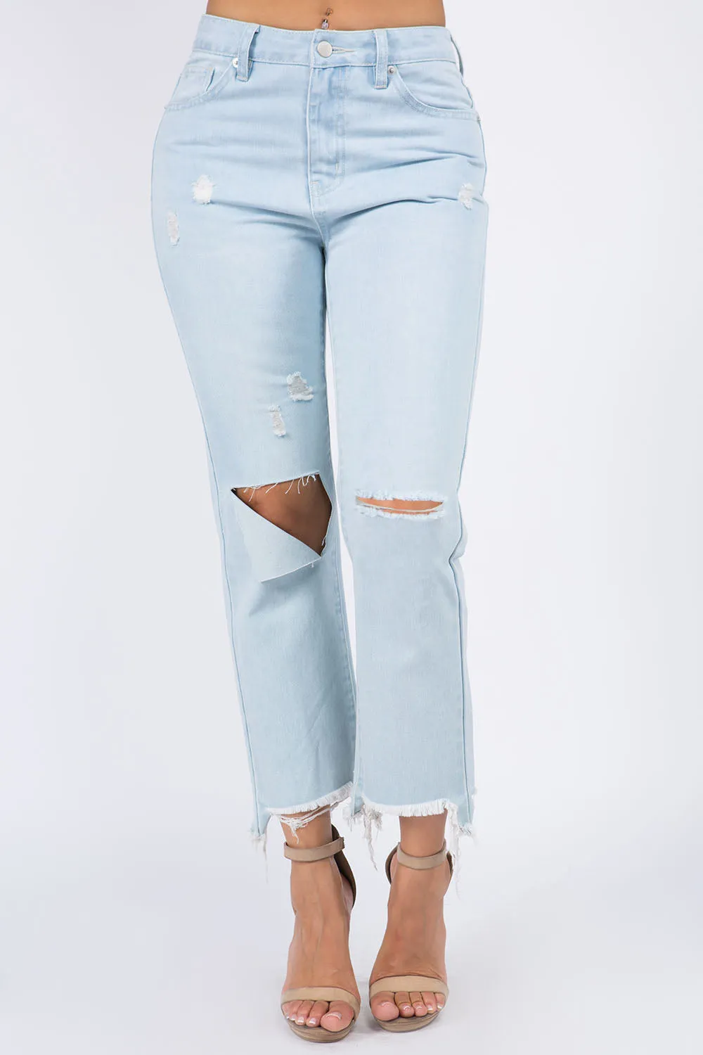 American Bazi High Waist Distressed Raw Hem Jeans sold by Charming Charlie