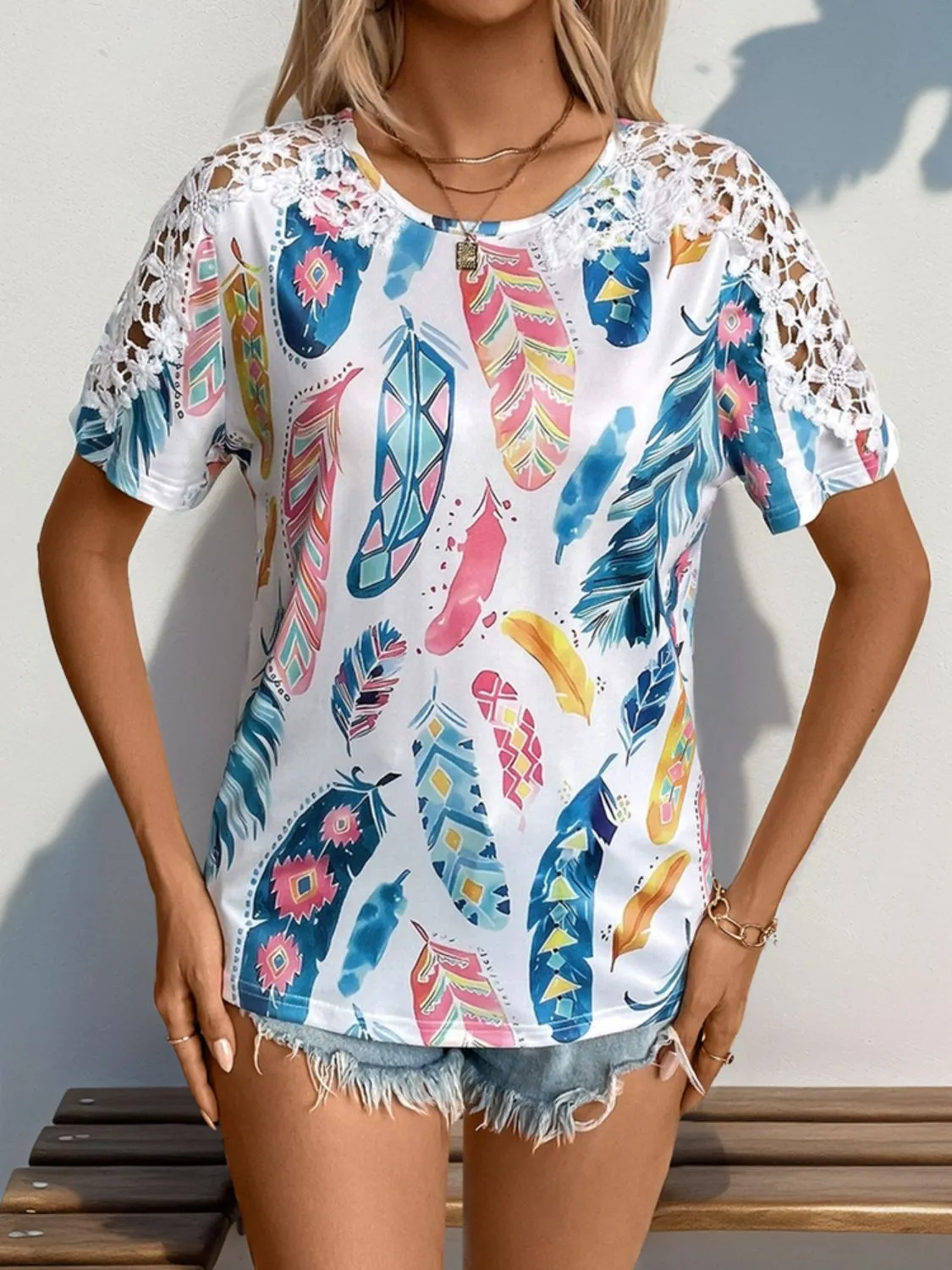 Printed Round Neck Lace Short Sleeve Top sold by Charming Charlie product image thumbnail 3