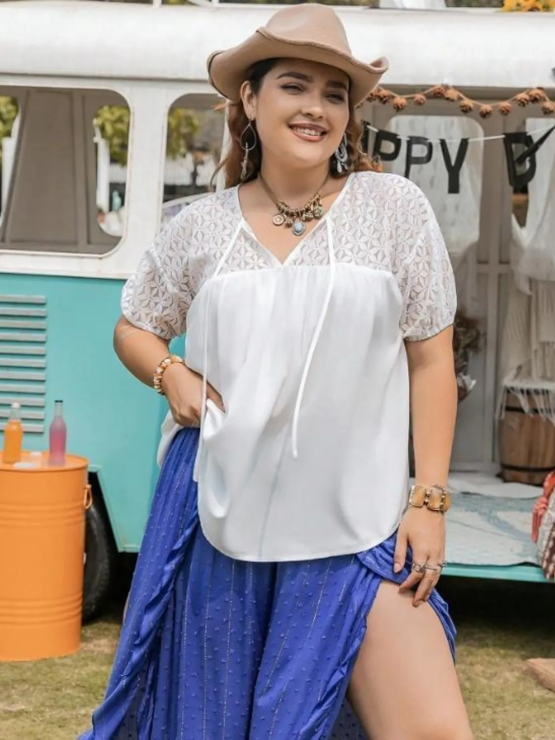 Plus Size Tie Neck Short Sleeve Blouse sold by Charming Charlie product image thumbnail 4