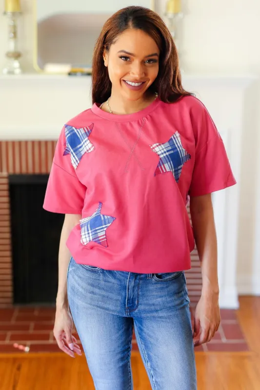 Patriotic Red Fench Terry Plaid Star Patch Top made by Charming Charlie