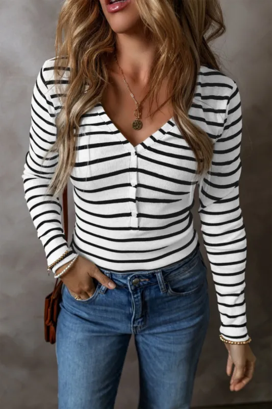 Striped V-Neck Long Sleeve Top sold by Charming Charlie