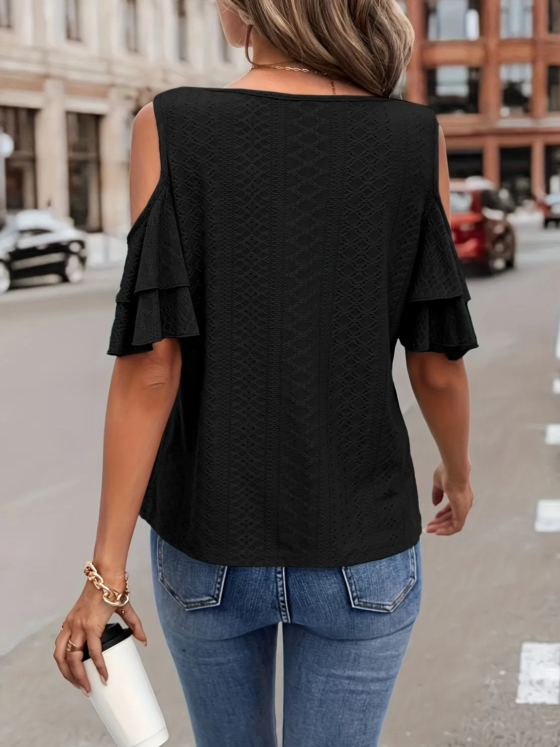 Eyelet V-Neck Cold Shoulder Blouse sold by Charming Charlie product image thumbnail 2