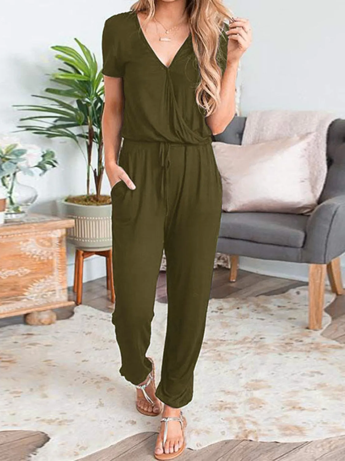 Drawstring Surplice Short Sleeve Jumpsuit sold by Charming Charlie product image thumbnail 2