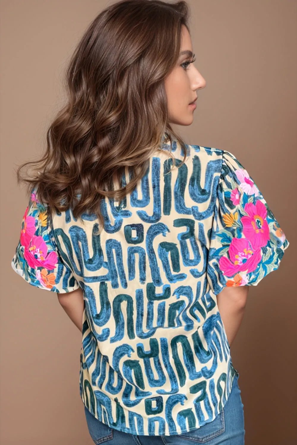 Plus Size Printed Mock Neck Short Sleeve Blouse sold by Charming Charlie product image thumbnail 2