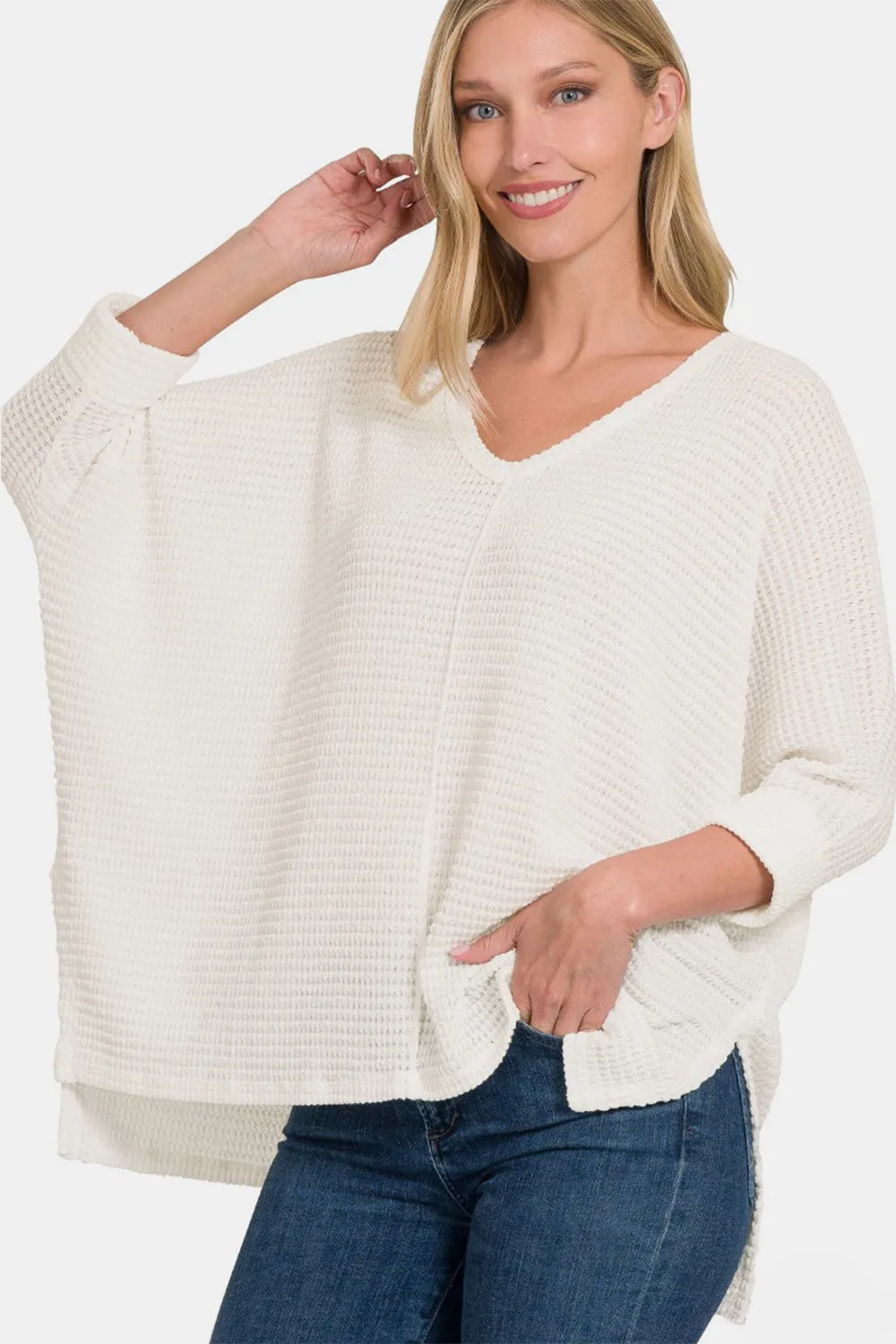 Zenana Full Size Round Neck High-Low Slit Knit Top sold by Charming Charlie