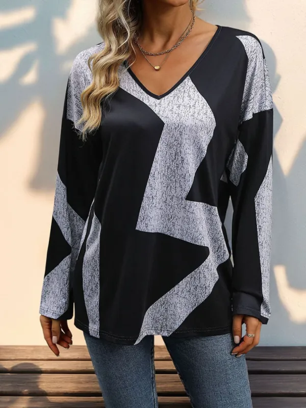 Color Block V-Neck Long Sleeve T-Shirt sold by Charming Charlie