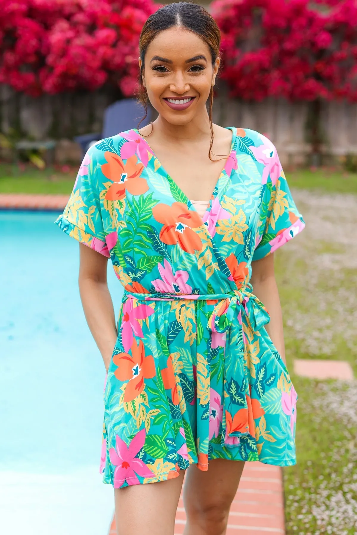 Tropical Vibes Turquoise Floral Surplice Tie Waist Romper sold by Charming Charlie product image thumbnail 2
