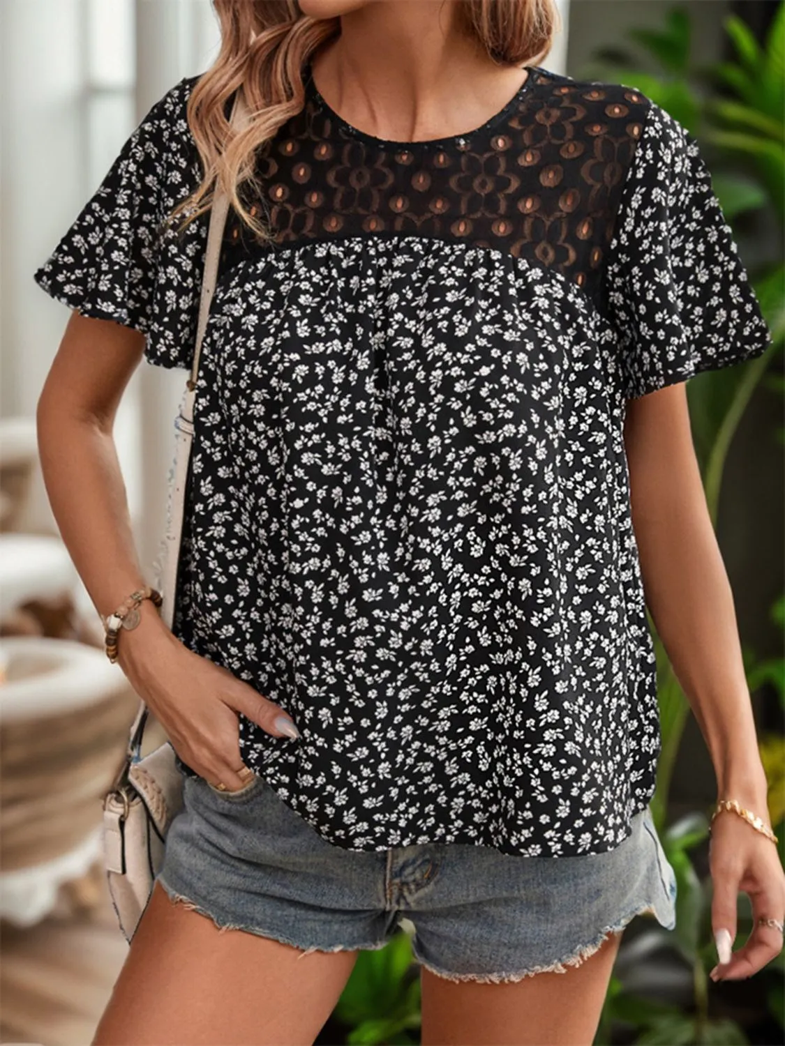 Lace Detail Floral Round Neck Short Sleeve Blouse sold by Charming Charlie product image thumbnail 5